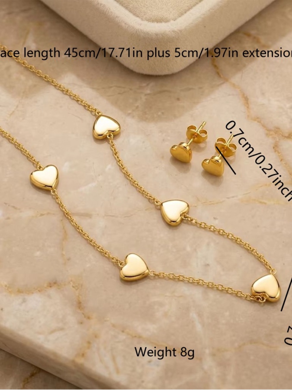 Gold Heart Necklace and Stud Earring Set - Women Jewelry - Picture 3 of 3